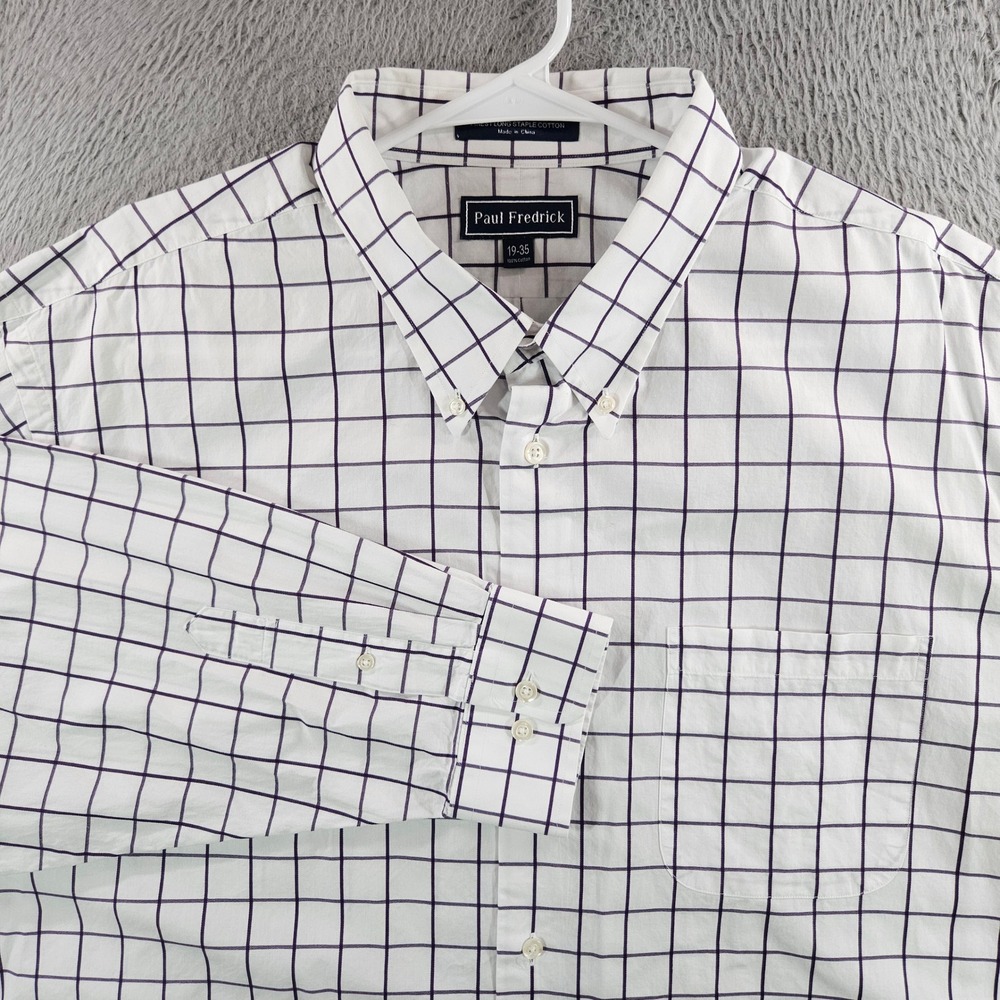 Paul Fredrick Mens 19-35 Purple Windowpane Check Cotton Button Down Shirt White